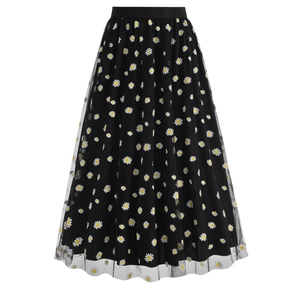 Women's high waist A-line midi skirt with black mesh and white daisy flower print layers