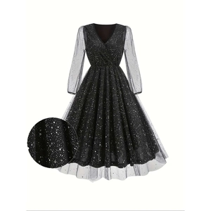 Elegant V-Neck Mesh Patchwork Long Sleeve Dress Starry Sky Sequin A-Line Midi Dress Slim Fit Pullover Evening Party Women Dress