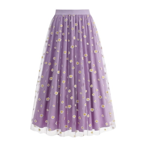 Pastel purple daisy floral mesh maxi skirt with elastic high waist for women