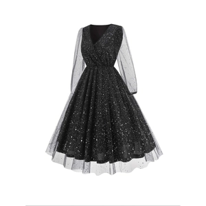 Elegant V-neck long sleeve party dress with glitter starry tulle and slim fit design