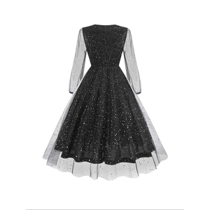 Elegant black V-neck long sleeve dress with starry mesh overlay and A-line silhouette