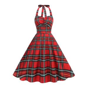 Vintage Christmas Red Green Plaid Halter Neck Midi Dress For Women 50s Hepburn Style Smocked Waist A-Line Retro Party Flare Dress