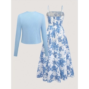 Tenue Femme Avec Cardigan En Maille Côtelée Et Robe Longue À Imprimé Fleuri Top Court Manches Longues Et Robe Évasée