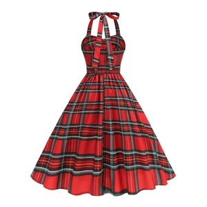 Retro red plaid halter neck dress with smocked waist and 1950s style flared skirt