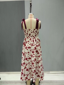 Détail des bretelles à nœud rouge et du dos élastiqué de la robe longue d'été