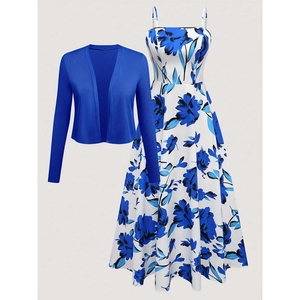 Ensemble deux pièces pour femme avec cardigan bleu roi et robe longue fleurie évasée