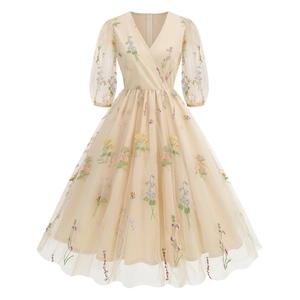 Abito Midi in Maglia Ricamato Floreale Scollo a V Vintage Francese Donna Elegante Manica a Sbuffo Vita Sottile Abito da Festa Fata