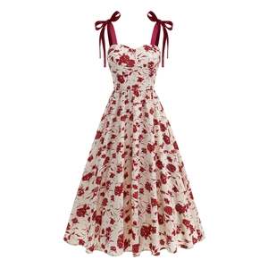 Robe Femme Vintage Imprimé Floral avec Bretelles à Nouer Décolleté Cœur Taille Cintrée Ligne A Midi Vacances Casual