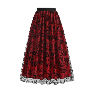 Vintage 50s A-line long skirt with red lining and black rose pattern lace overlay