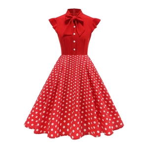 Women Retro Hepburn Polka Dot Dress 1950s Vintage Bow Neck Sleeveless A-Line Midi Party Dress For Cocktails Rockabilly Style