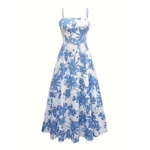 Robe midi évasée blanche à imprimé fleuri bleu avec de fines bretelles réglables
