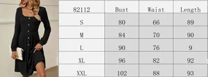 Size chart for knit long sleeve dress with bust, waist and length measurements