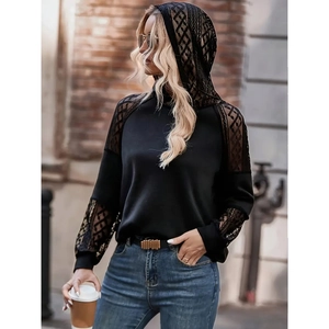 Women's Casual Black Long Sleeve Hoodie Sweatshirt With Lace Splicing Hollow Out Streetwear Fashion Hooded Pullover Top