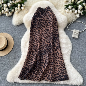 Gonna Midi in Satin a Vita Alta con Stampa Leopardata Elegante Francese Gonna a Sirena Slim Fit Donna Moda Vintage