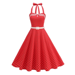 Retro red polka dot halter A-line dress with white belt and decorative buttons