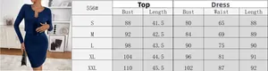 Size chart for French style blue knit set featuring cardigan and slim dress measurements