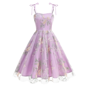 Lavender vintage A-line dress with floral embroidery and bow tie shoulder straps