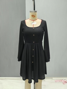 Detail view of black square neck ribbed knit midi dress with stylish brown buttons