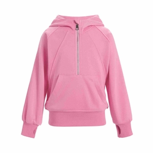 Sweat à capuche rose pour enfants avec demi-zip, passants pour les pouces et poche kangourou