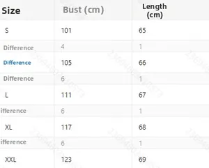 Detailed size chart for striped long sleeve shirt with bust and length measurements