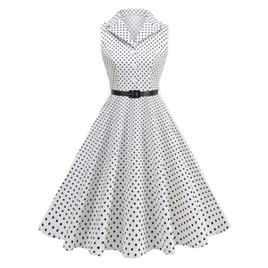 Robe Midi Sans Manches Vintage à Pois Style Hepburn Rétro Ligne A Swing Robe Avec Ceinture Pour Femmes Vêtements De Fête Élégants