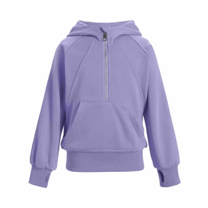 Sweat à capuche enfant violet avec demi-zip, poche kangourou et passe-pouces