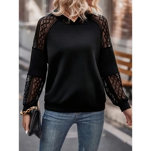 Women's black hoodie featuring elegant lace patchwork on shoulders and long sleeves