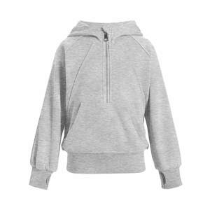 Sweat à capuche gris pour enfants avec demi-zip, passants pouces et poche kangourou