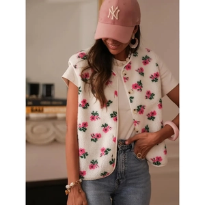 Women Vintage Floral Fleece Vest Single Breasted V Neck Warm Sleeveless Waistcoat For Autumn Winter Fashion Outerwear