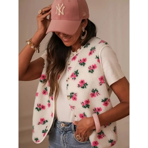 Women's floral fleece vest with white faux shearling texture and vintage buttons