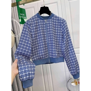 Women Vintage Blue Plaid Tweed Bomber Jacket Zipper Casual Round Neck Outerwear Slim Fit Long Sleeve Short Coat For Autumn