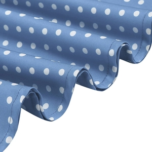 Vue détaillée du tissu bleu à pois de la robe d'été avec coutures de qualité et ourlet