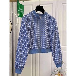 Women's blue and white checkered tweed baseball jacket with zipper and ribbed collar