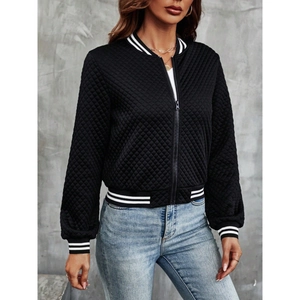 Elegant women's black quilted bomber jacket with lace patchwork and striped ribbed cuffs