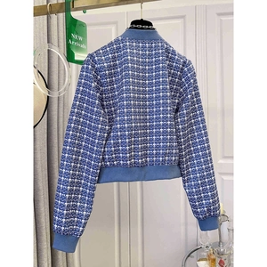 Women's blue and white plaid tweed zipper jacket with ribbed trims and relaxed fit style