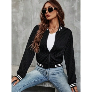 Elegant black quilted bomber jacket for women with lace stitching and striped ribbed trims