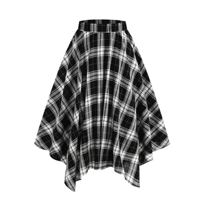 Jupe à carreaux noir et blanc avec taille élastique et ourlet asymétrique en coupe A-line