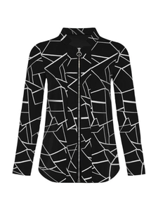 Detail of vintage black jacket featuring abstract white line print and metal ring zipper