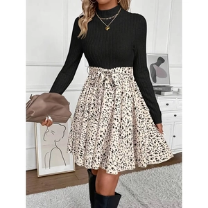 Women Elegant Mock Neck Patchwork Dress Long Sleeve Knitted Top Floral Print Midi A-Line Dress With Bow Belt Vintage Style