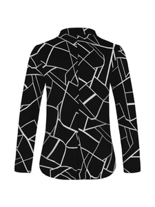 Detail of female jacket featuring retro white geometric lines on a black fabric base