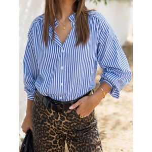 Women Retro Blue White Striped Long Sleeve Shirt Ruffle Stand Collar Button Up Puff Sleeve Casual Elegant Blouse Top