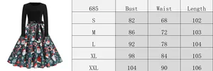 Size chart showing bust, waist, and length for this vintage Christmas printed dress