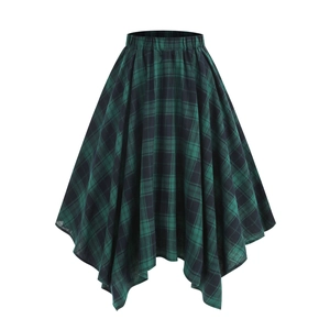 Jupe à carreaux à taille élastique avec un ourlet asymétrique en vert foncé et bleu