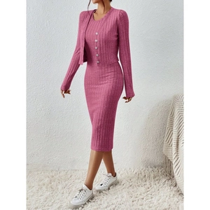 Women French Elegant Two Piece Knitted Set Long Sleeve Button Cardigan Top And Slim Midi Dress Pink Solid Rib Knit Outfits
