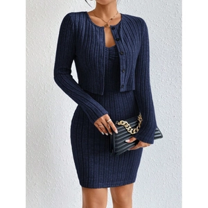 Women French Slim Fit Knit Ribbed Cardigan And Bodycon Midi Dress Navy Blue Casual Elegant Autumn Winter Clothing