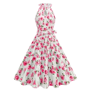Elegantes Vintage-Neckholder-Kleid mit Rosendruck und ausgestelltem Rock