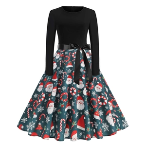 Vintage Christmas Mercerized Cotton Long Sleeve Dress Women Round Neck Big Swing Printed Midi Dress With Bow Belt Party