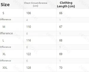 Size chart for faux shearling jacket showing bust and length measurements from S to XXL