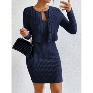 Navy blue two-piece knit set featuring a slim-fit dress and a short button-up cardigan