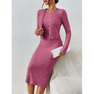 Two-piece ribbed knit set with short cardigan and slim sleeveless dress in dark pink